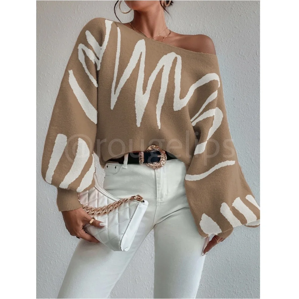 Knit Graphic Pullover Sweater Off White Tan Camel Bishop Sleeve - Picture 5 of 11